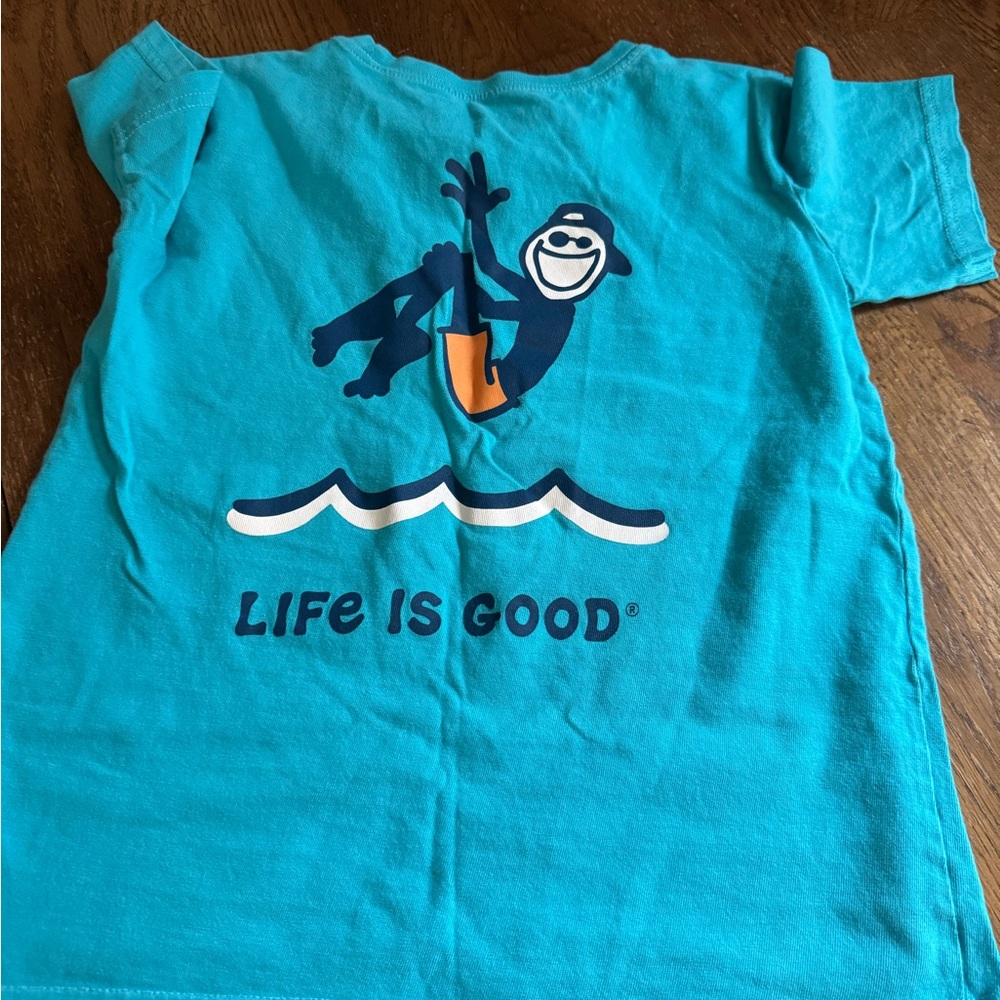 Life Is Good Blue and Orange Short Sleeve Tee with Graphic Design